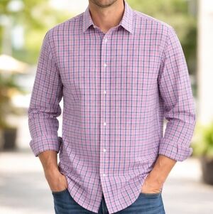 Men's Pink Blue Grey Untuckit Plaid Shirt XXL Slim Fit